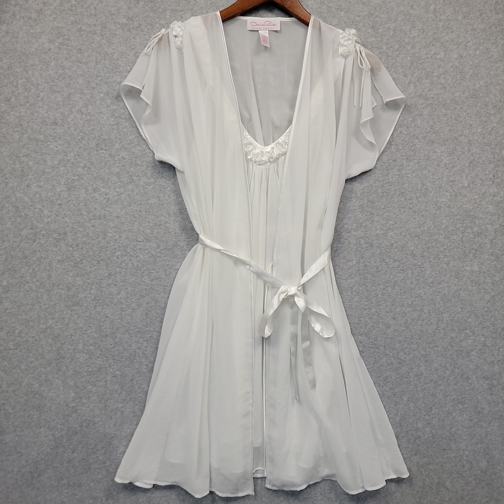 OSCAR DE LA RENTA PINK LABEL White Robe Gown Set Peignoir Wedding Rose Chiffon L